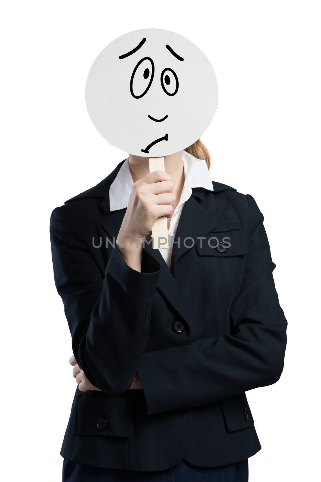Businesswoman hiding her face behind round banner with sad smiley