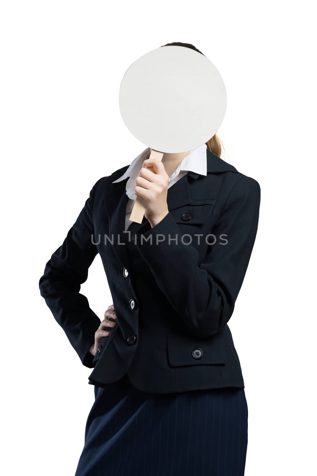 Businesswoman hiding her face behind round banner with smiley