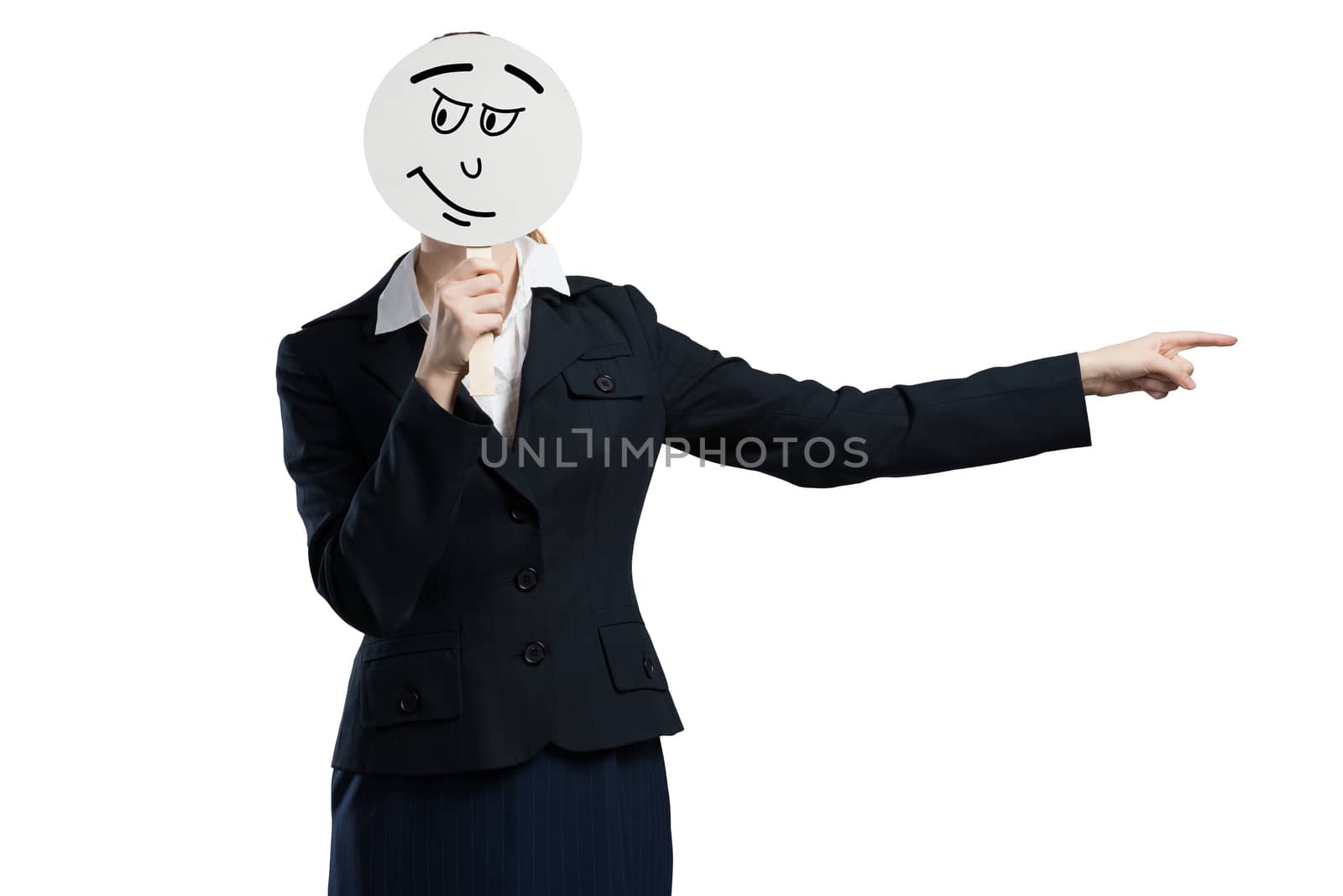 Businesswoman hiding her face behind round banner with smiley