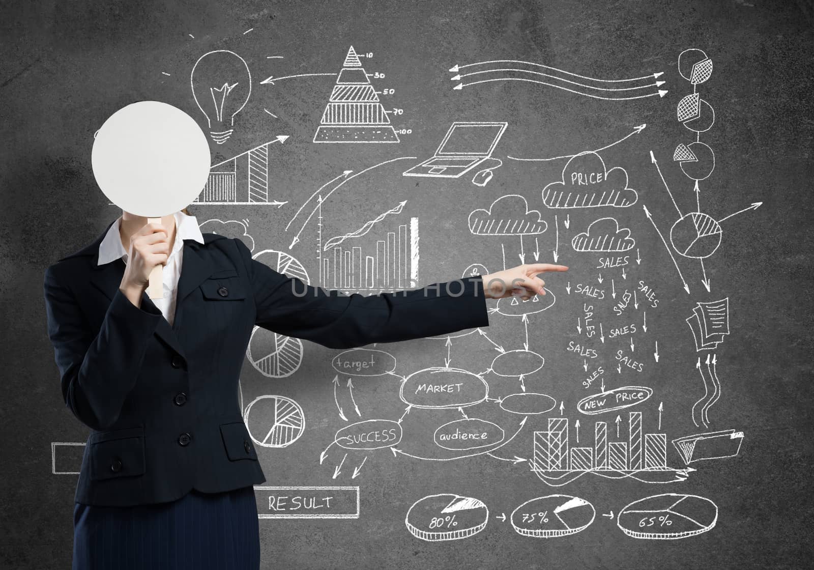 Businesswoman and graphs at background hiding her face behind mask