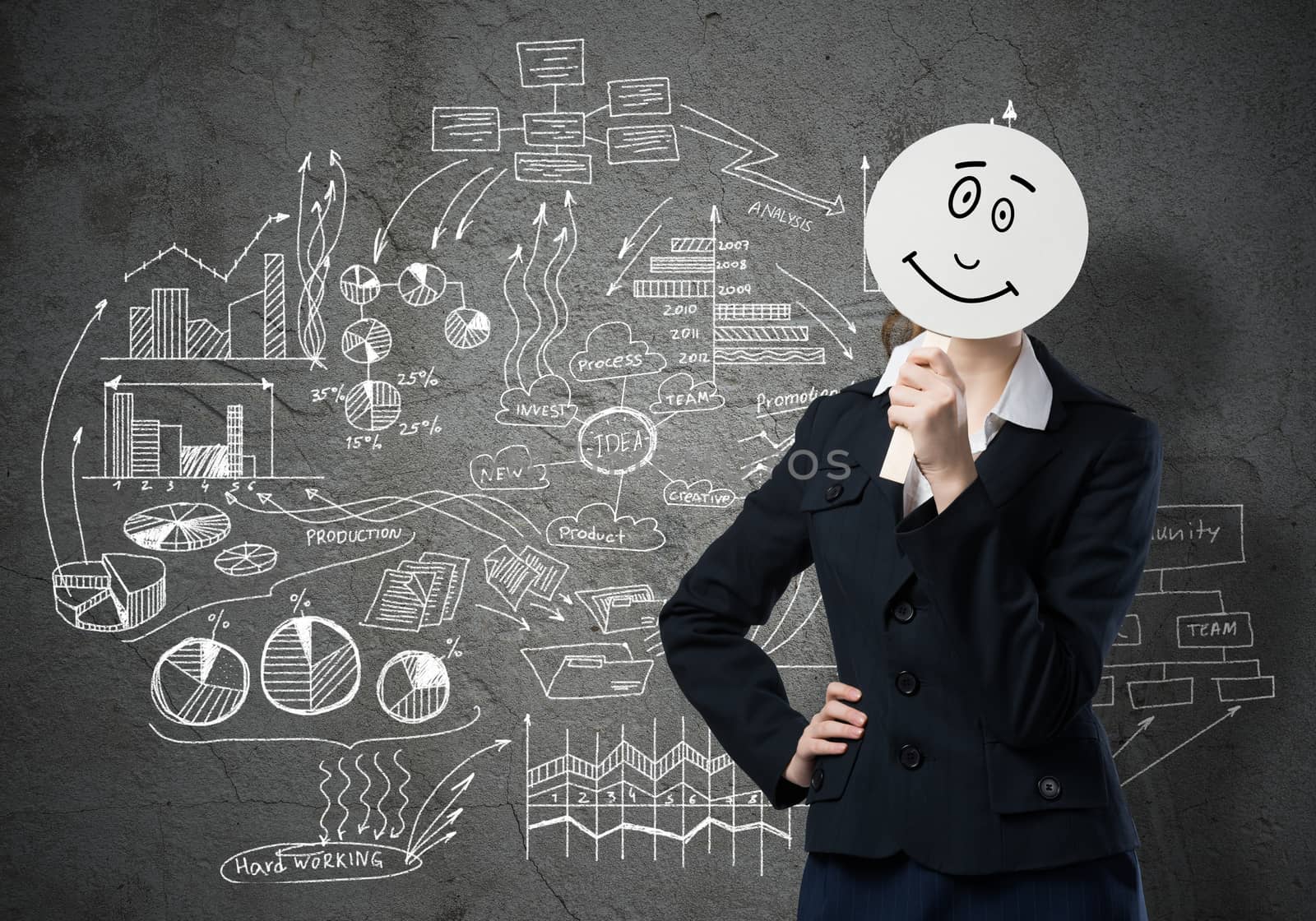 Businesswoman and graphs at background hiding her face behind mask