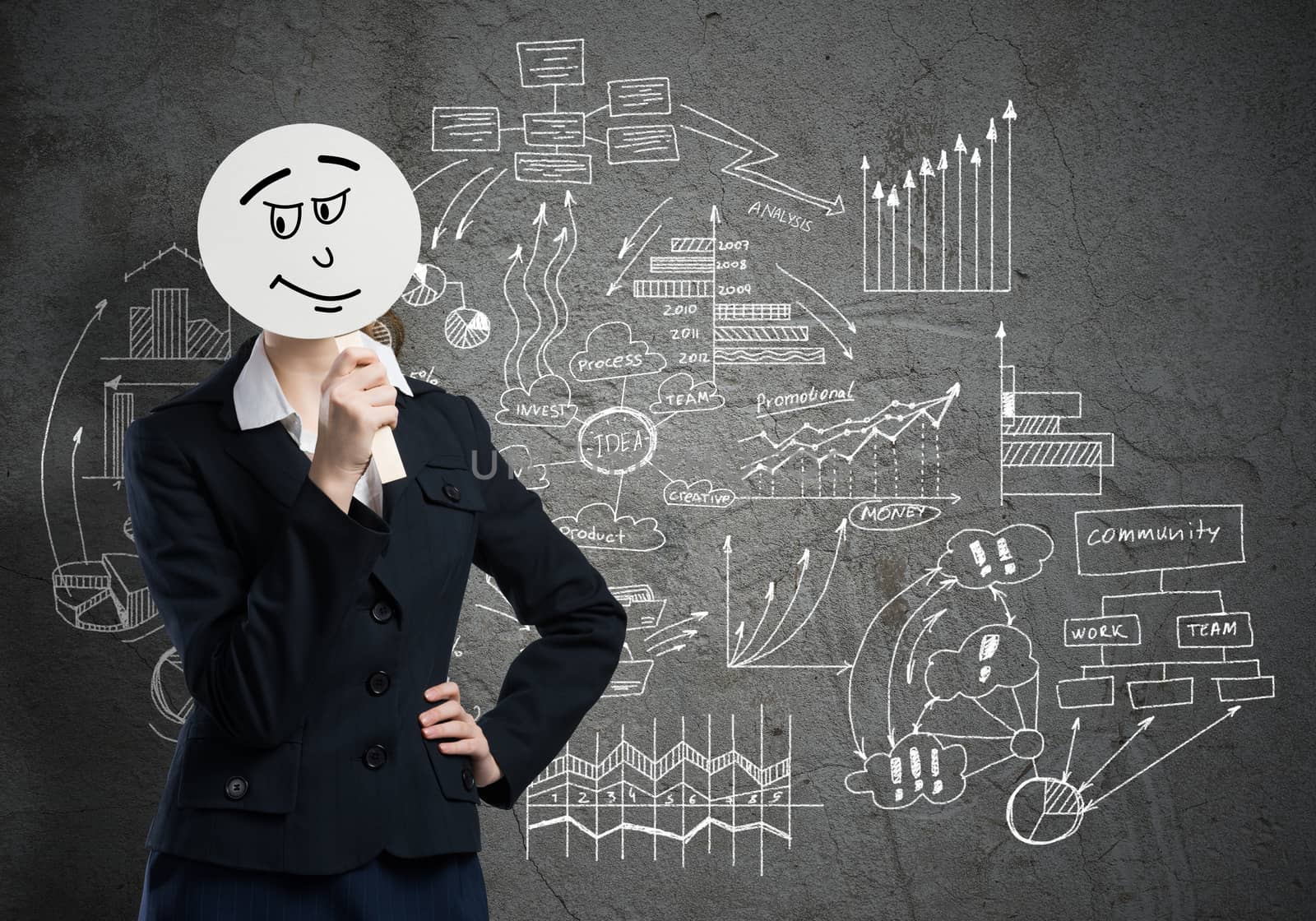 Businesswoman and graphs at background hiding her face behind mask