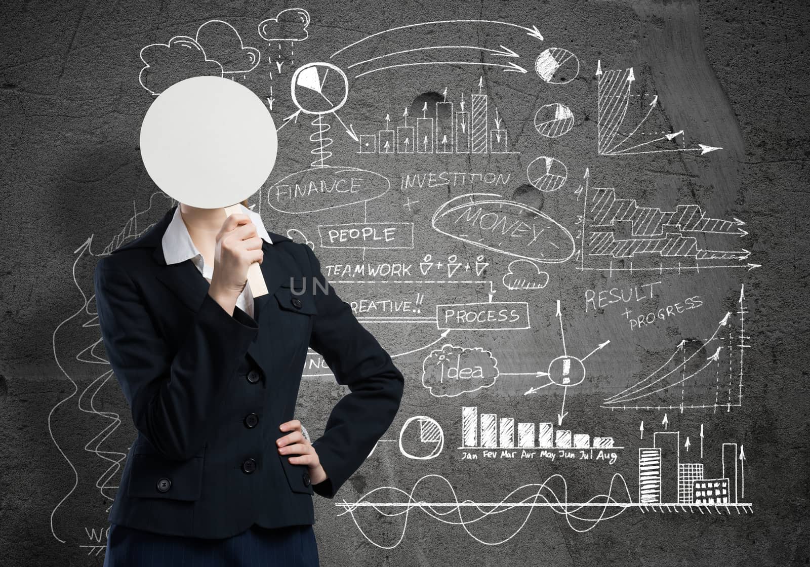 Businesswoman and graphs at background hiding her face behind mask