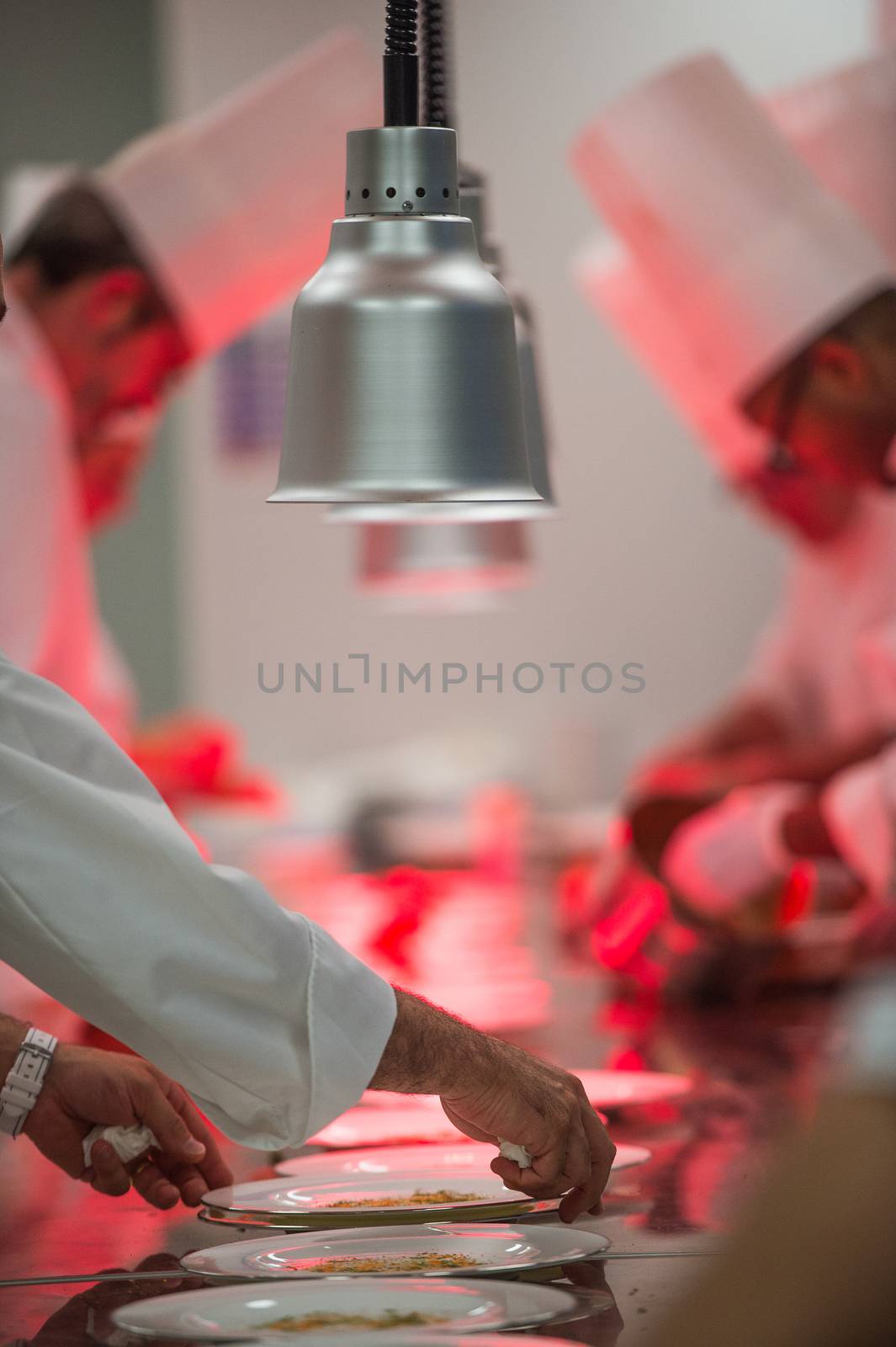 Team Chefs in luxury hotel restaurant kitchen cooking,