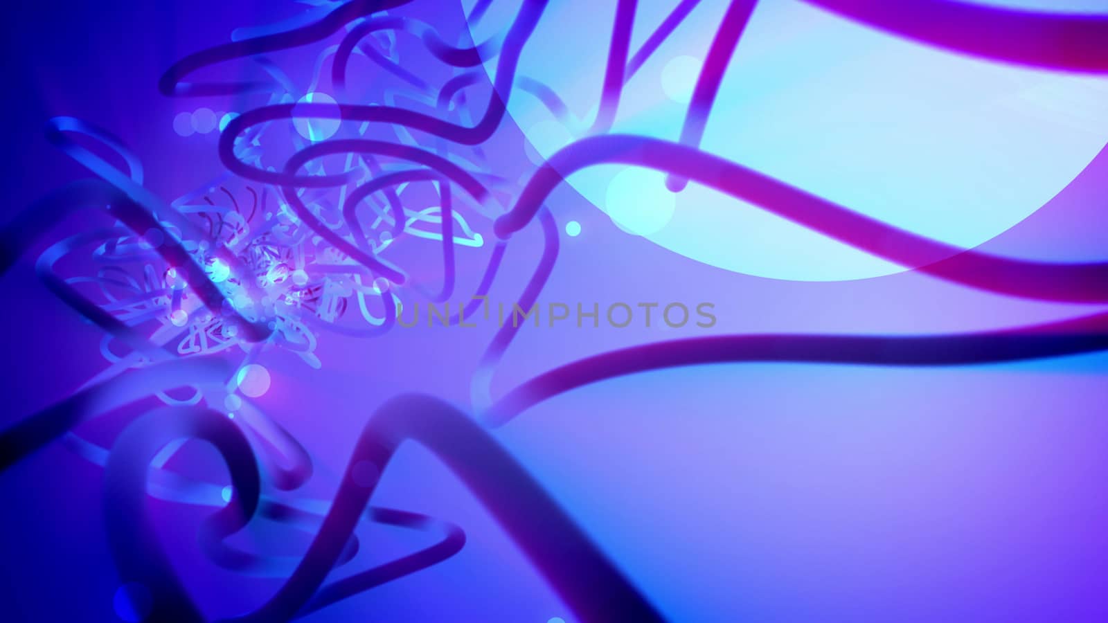 Impressive 3d illustration of abstract underwater looking sphere of a big size and twisted tubes entangling it in a futuristic way in the blue-violet background