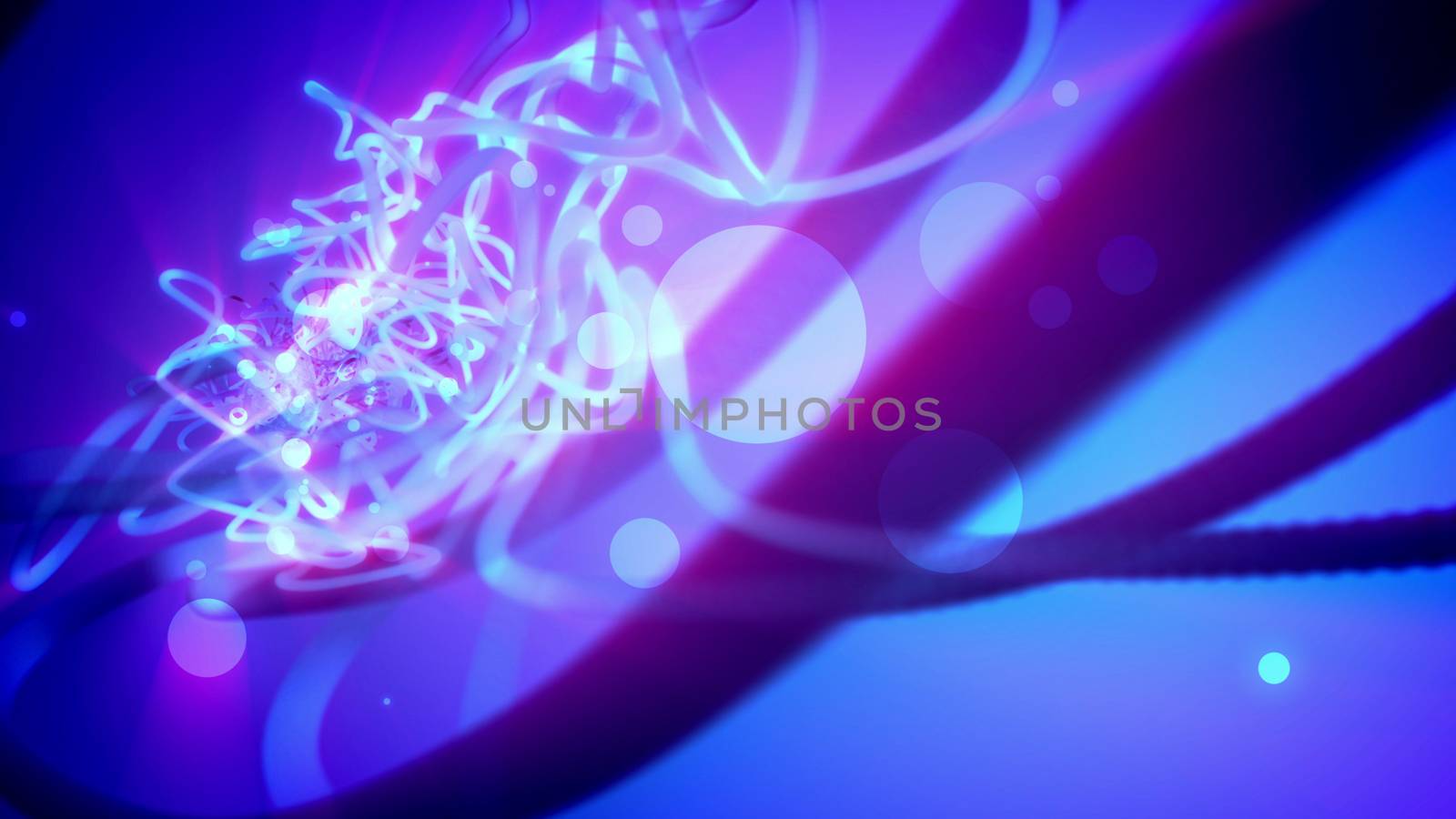 Extraterrestial looking 3d rendering of some noodle looking creature from white curvy tubes with spheres of light blue color which impress with some enigmatic feeling. 