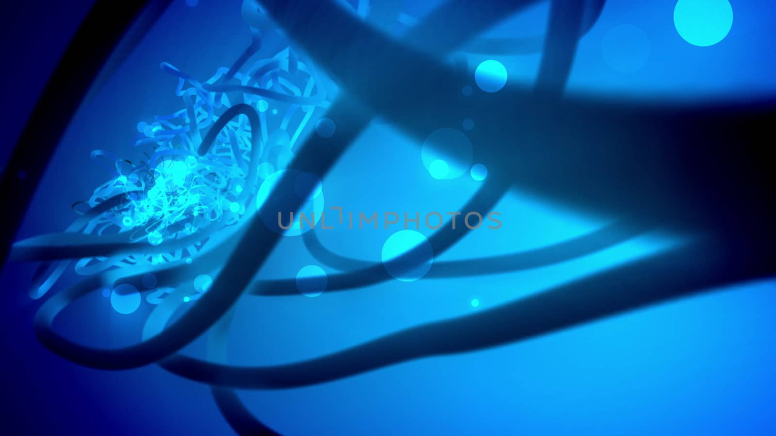 Trancelike 3d illustration of several twisted spirals of the dark blue color with shimmering white spots. The spirals are of various forms and shapes in the light blue background