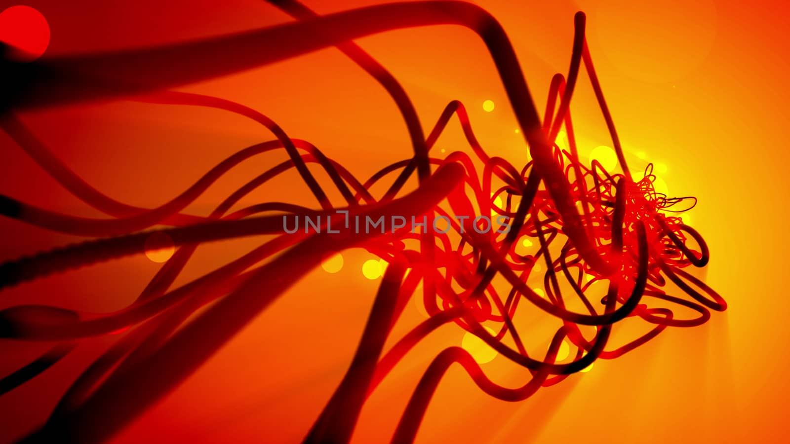 Dynamic 3d illustration of high art and bright fantasy strokes and smears of dark orange color which have several different size twisted spirals in the light orange, red, and yellow background