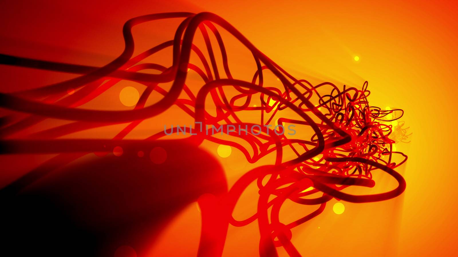 Splendid 3d rendering of abstract fantasy strokes and smears in dark orange color which look like several differently shaped twisted spirals in the light orange and yellow background