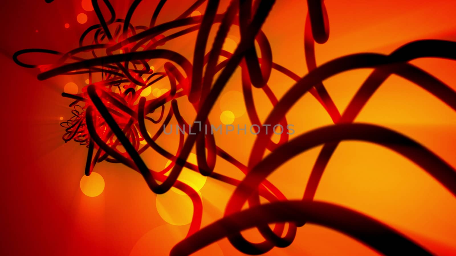 Surreal 3d rendering of numerousl twisted spirals of the dark orange color with shimmering white spots. The twirls are of different forms and shapes in the light red and yellow background