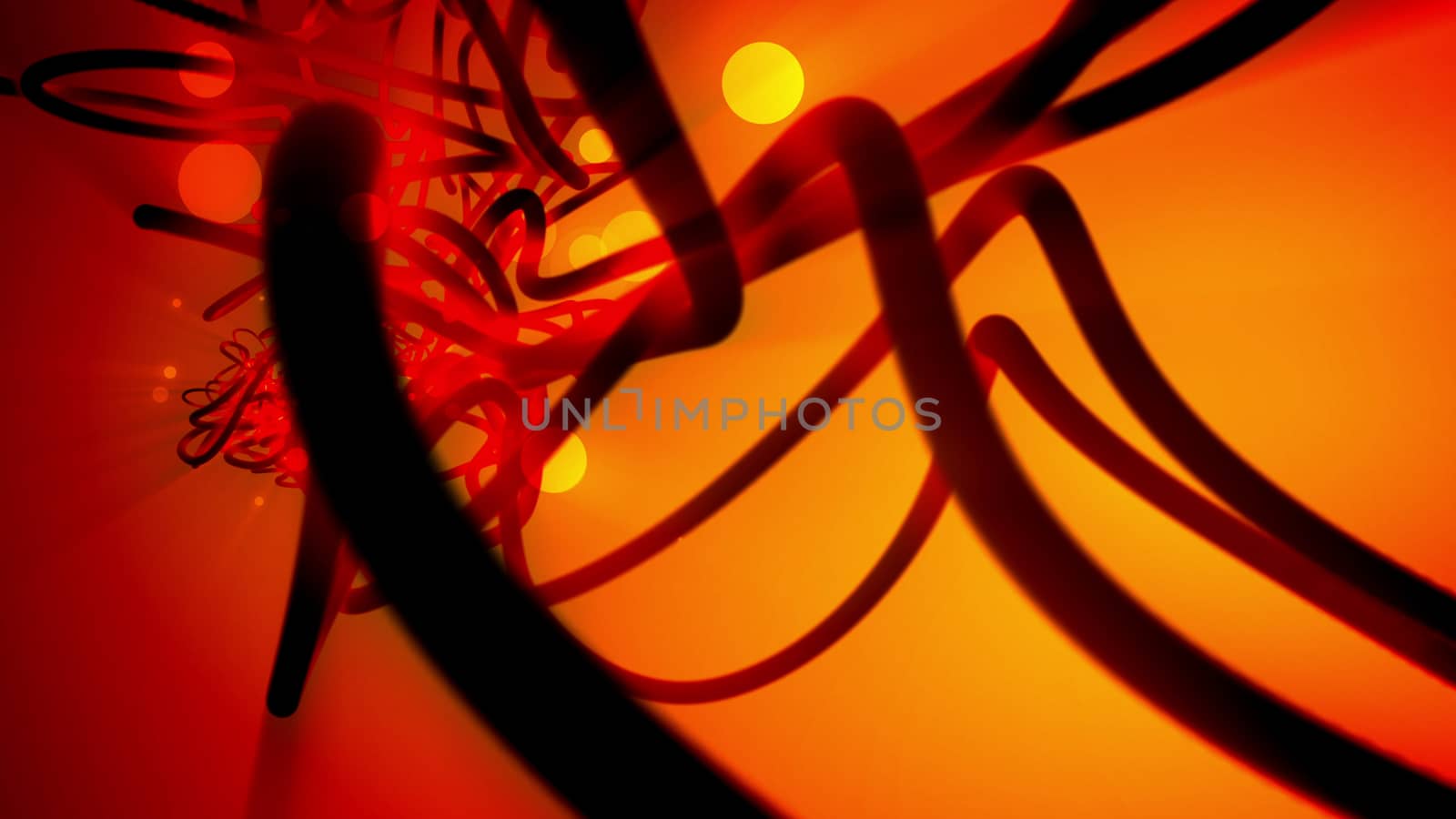 Alien looking 3d rendering of extraterrestrial fantasy tubes and spheres of light and dark orange color which have several different size twisted spirals and look like some space creation