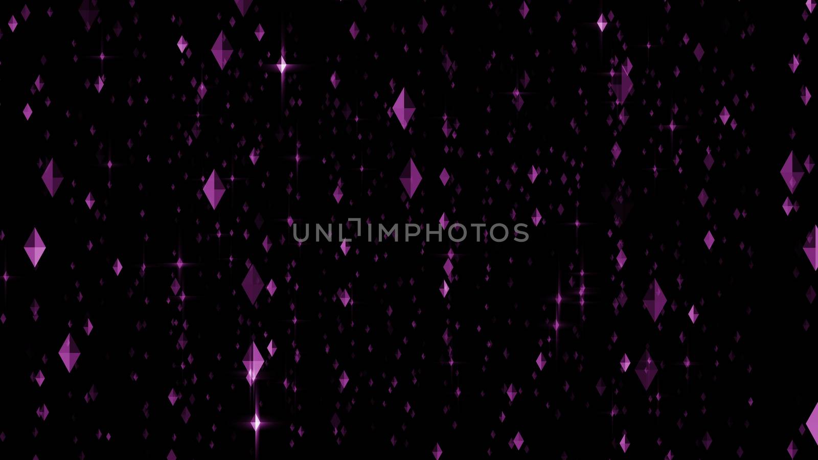 Amazing 3d rendering of sparkling violet diamond rows in the black background. The rhomb formed gems spin in a volumetric space in an arty way.