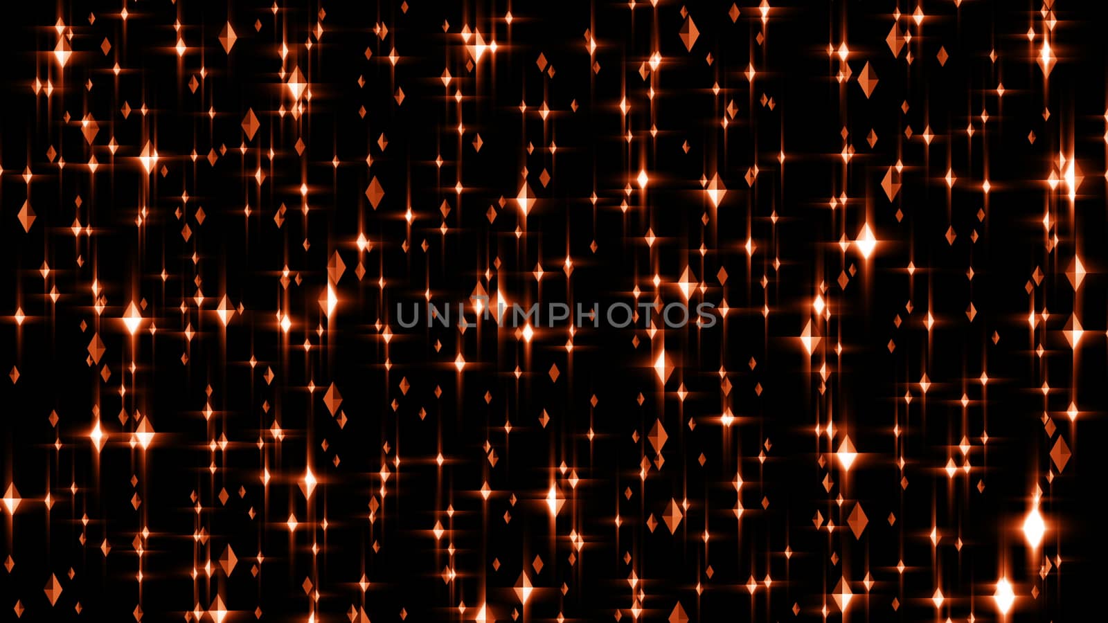 Abstract 3d rendering of gleaming orange diamond rows in the black background. The rhombus shaped gems circle in a cyber space in an impressive way, between brilliant rays and sparkles