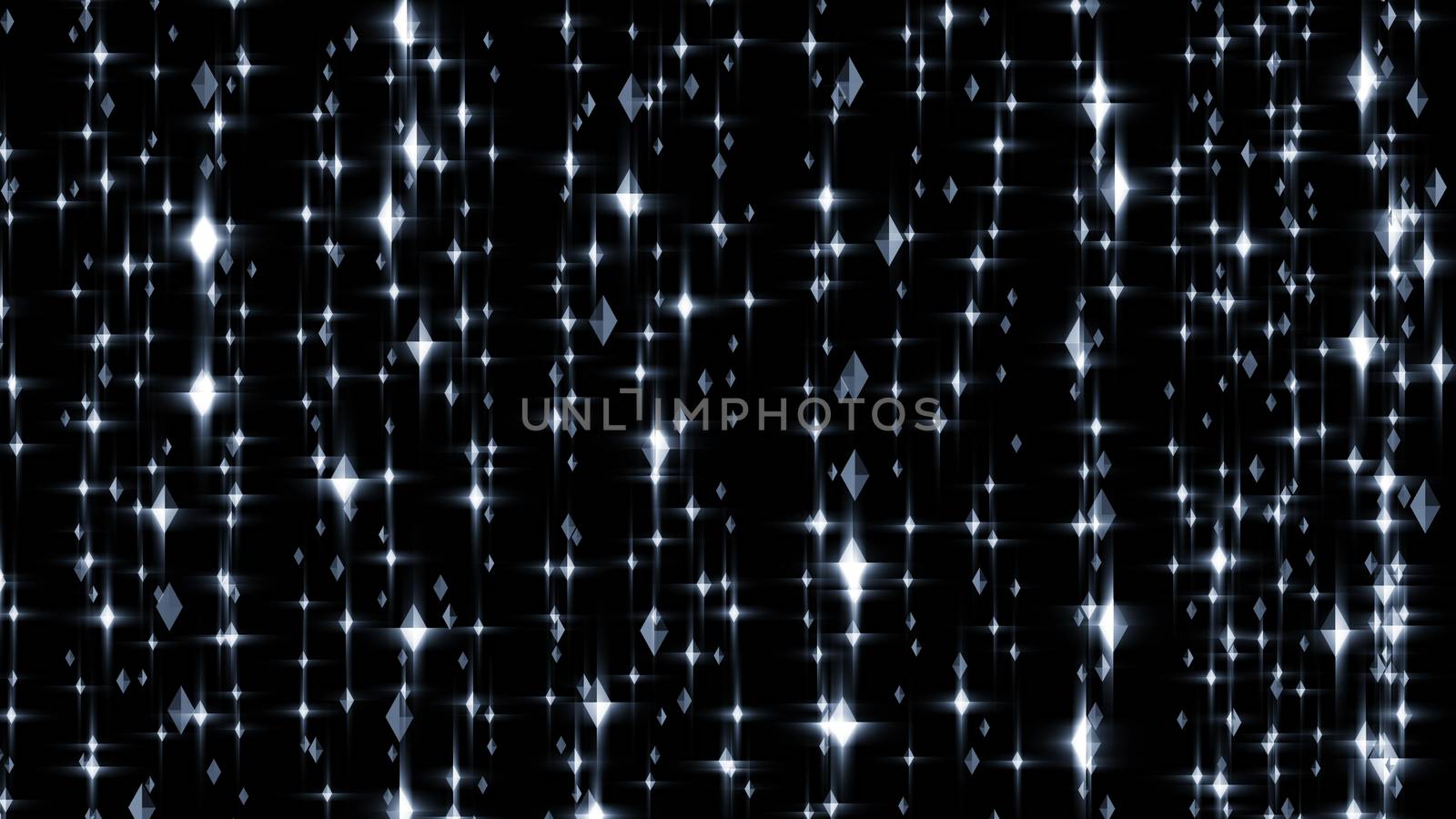 Striking 3d illustration of sparkling white and gray diamond rows in the black background. The rhombus shaped gems flutter in a multilayered cyberspace in an artistic way.