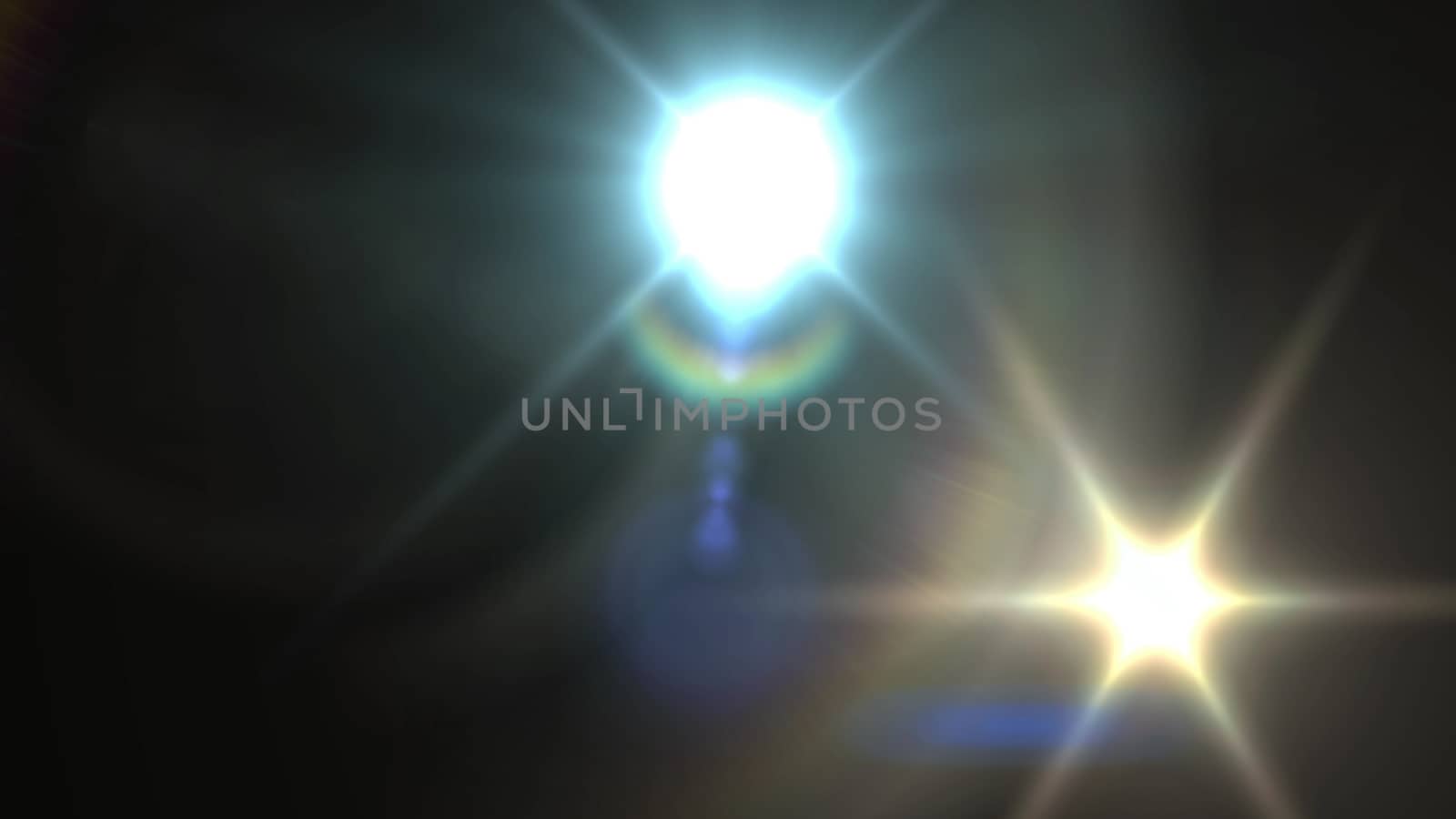 Astonishing 3d rendering of one round rainbow looking and one star looking spotlights shining brightly with white rays in the black background. They look dreamlike and meaninful.