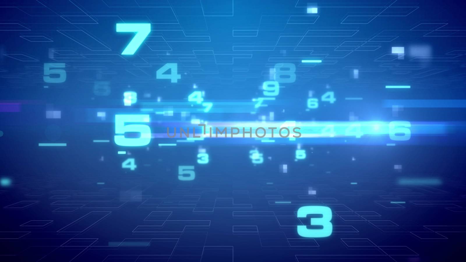 Hi-tech 3d rendering of flying light blue numbers, lines, and spots, between two surfaces with some grids  in some unusual holographic cyberspace. The dark blue background looks ultramodern