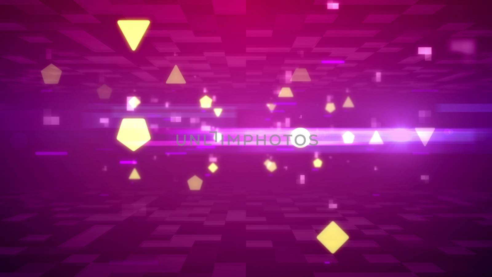 3d rendering of spinning light pink forms, lines, and dots, between two surfaces with illuminated grids in some holographic cyberspace. The violet background looks gorgeous