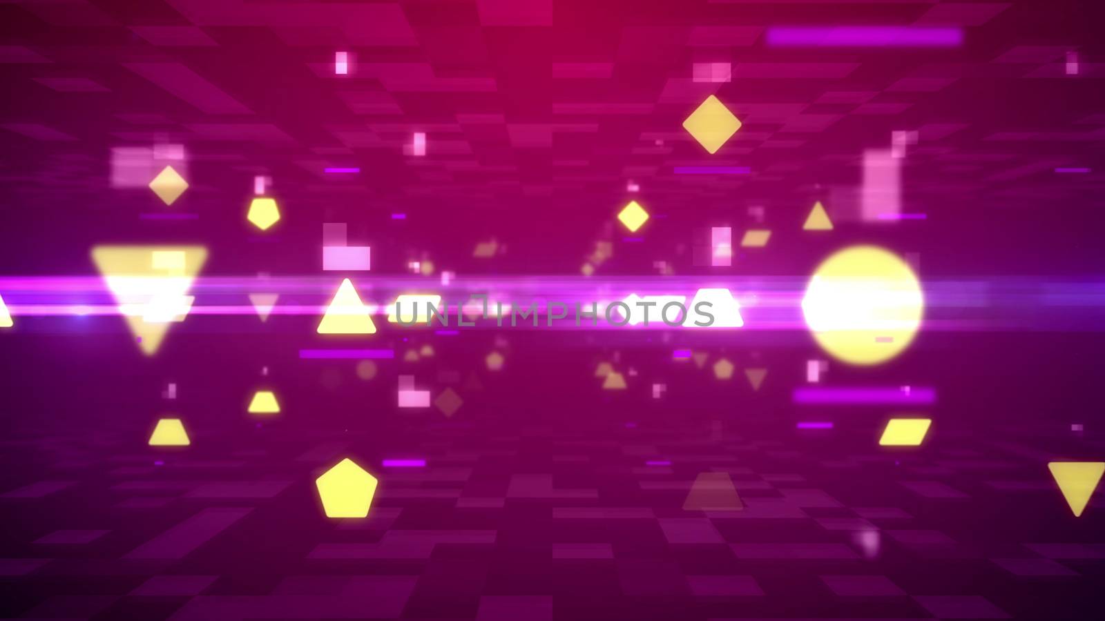 Advanced 3d illustration of whrling light pink figures, lines, and spots, among two surfaces with some networks in some holographic cyberspace. The violet background looks futuristic