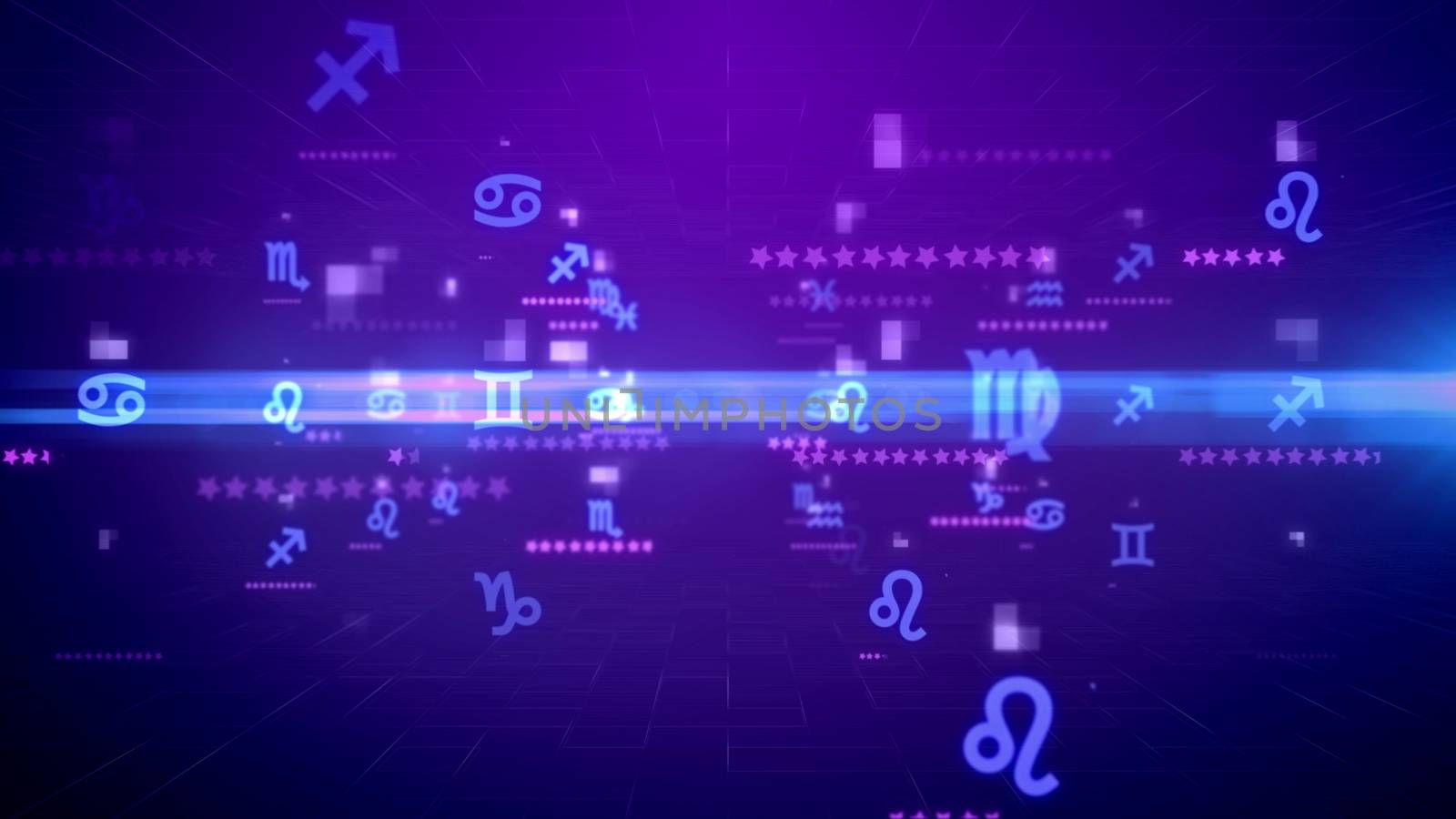 Impressive 3d illustration of flying Zodiac constellation symbols, rows of stars, spots and lines in the dark blue background. The signs of Cancer, Leo, Virgo, Scorpio, are used the most often