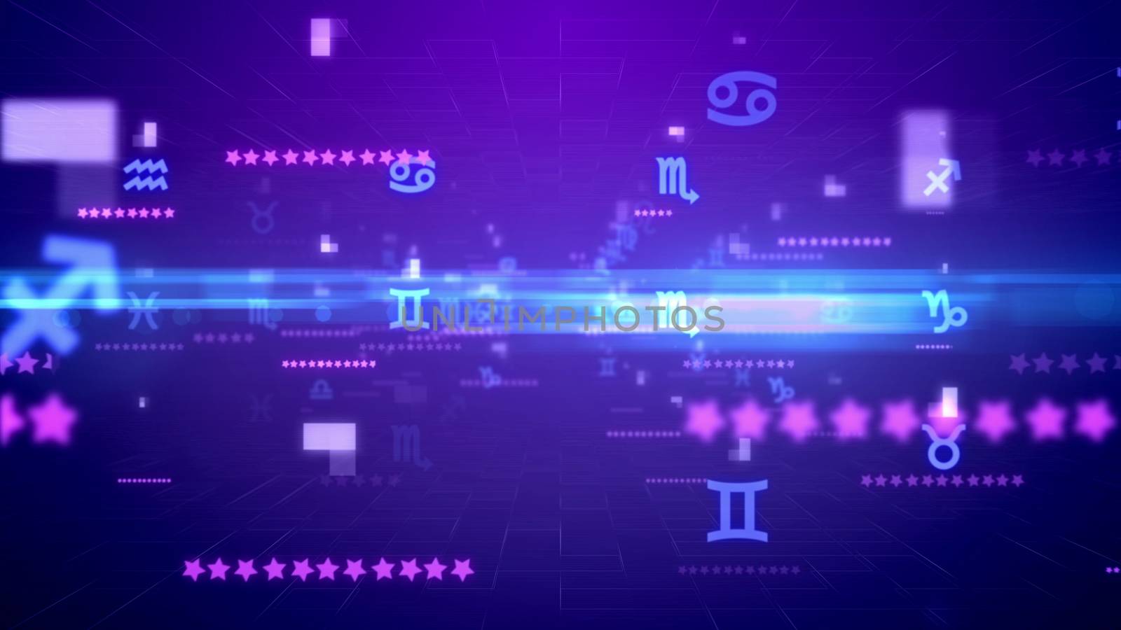 Dreamlike 3d rendering of whirling pink and blue Zodiac constellation signs, rows of stars, dots and lines in the dark blue background. The signs of Libra, Cancer, Virgo, are used the most frequently