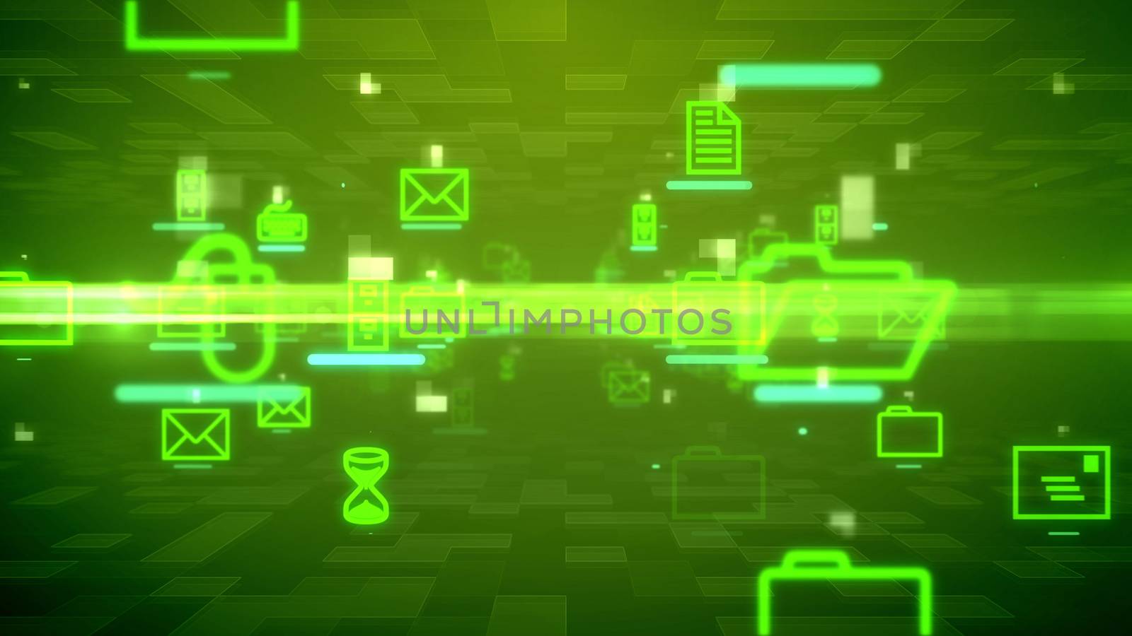 Innovative 3d illustration of flying and sparkling texts, electronic mails, sand clocks, dots, lines, in some futuristic cyberspace n the dark green background