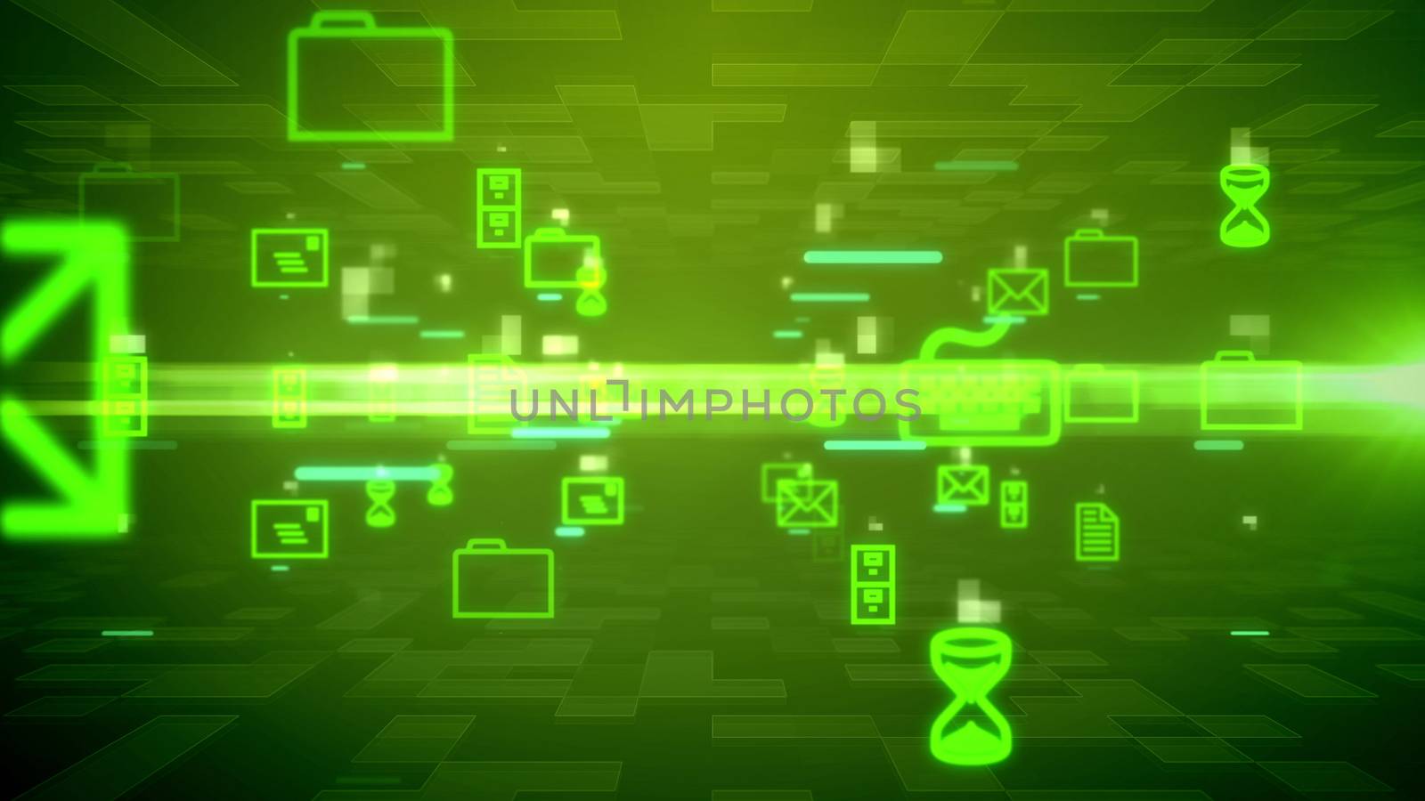 Futuristic 3d rendering of rushing and shimmering texts, electronic mails, sand clocks, routes, lines, in some abstract cyberspace in the dark green background