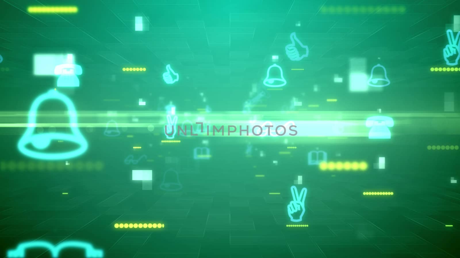 Optimistic 3d rendering of such positive gestures and signs as thumb up, victory, book, bell, lines of stars, whirling and flying in the cyberspace in the light green backgound 