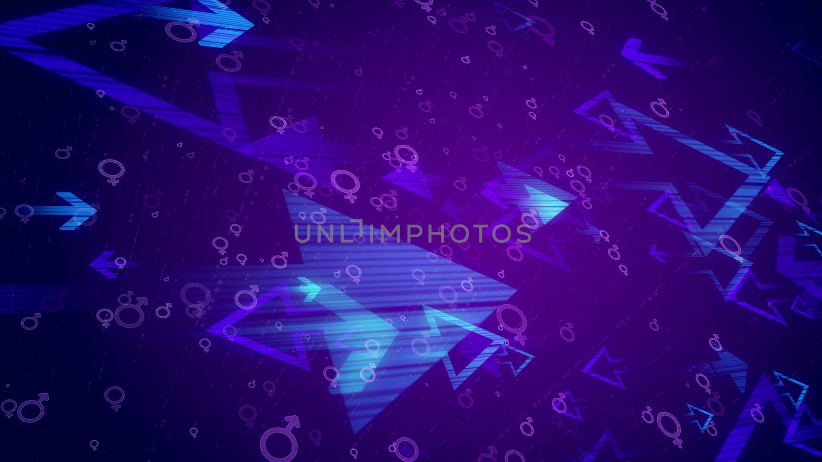 Striking 3d illustration of different light blue arrows aimed at each other and flying between them male and female round symbols in the dark blue background
