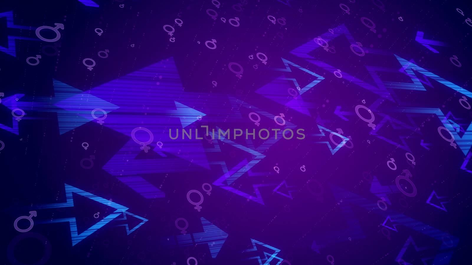 Holographic 3d rendering of various light blue arrows aimed at each other and spinning between them man and woman round symbols in the dark blue background