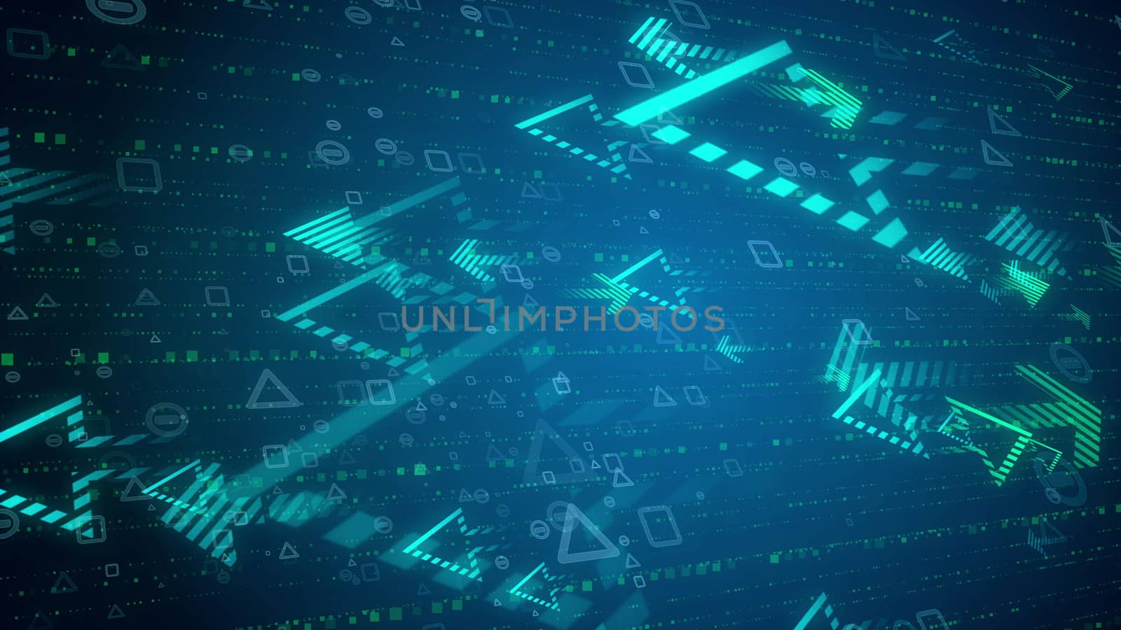Artistic 3d rendering of different shimmering striped arrows imposed on some network. The triangulars, circles, squares, dotted lines, are seen everywhere in the blue background.