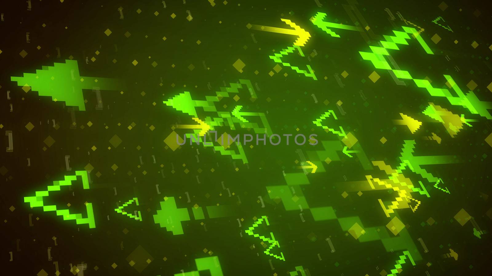 Militant 3d rendering of small yellow darts opposing big light green star stepped arrows with a lot of  dots, spots,placed in sparkling lines and rows in thedark  green background.