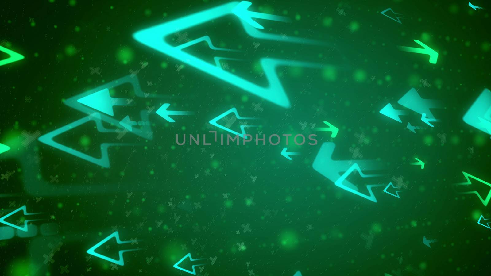 Inspiring 3d illustration of big blue arrows attacking small green darts with numerous dots, spots, blurs,  x and y symbols rushing  between them in the violet background.