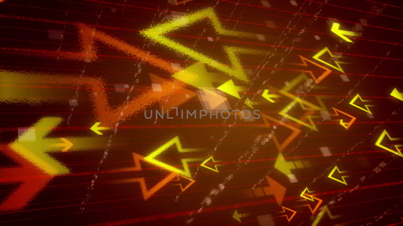 Volumetric 3d illustration of different sparkling yellow and orange arrows aimed at each other imposed on red network in the dark brown background