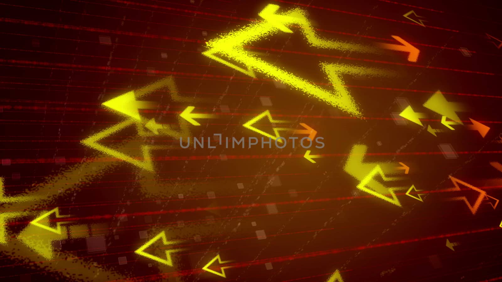 Impressive 3d illustration of big yellow arrows flying at small orange arrows in the dark brown background covered with a network from red lines.