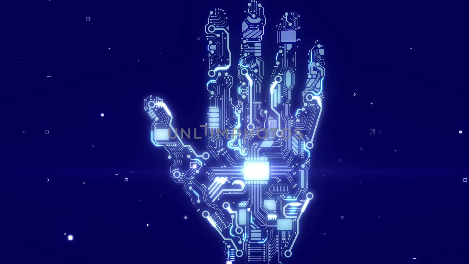 Futuristic 3d rendering of a sparkling intelligent cyborg hand with embedded CPU microchips and circuits of lignt blue color in the dark blue background