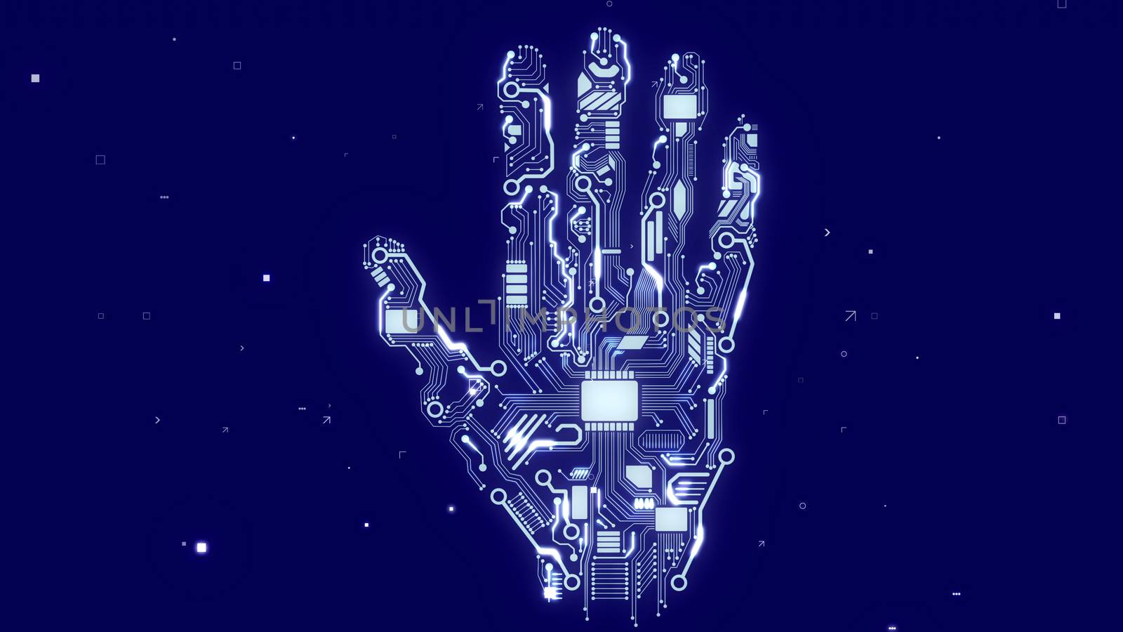 Hi-tech 3d illustration of a shining brainy robot hand with embedded CPU microchips, devices, and circuits of light blue color in the dark blue cyberspace.