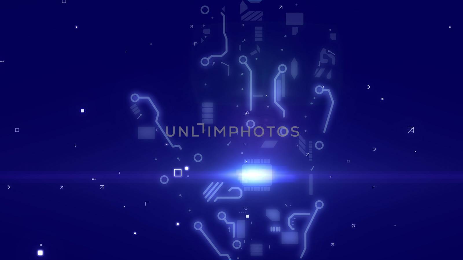 Sci-fi 3d rendering of an outline of a sparkling intelligent robot hand with a plazma looking built-in CPU microchips, and circuits of light blue color in the dark blue background.
