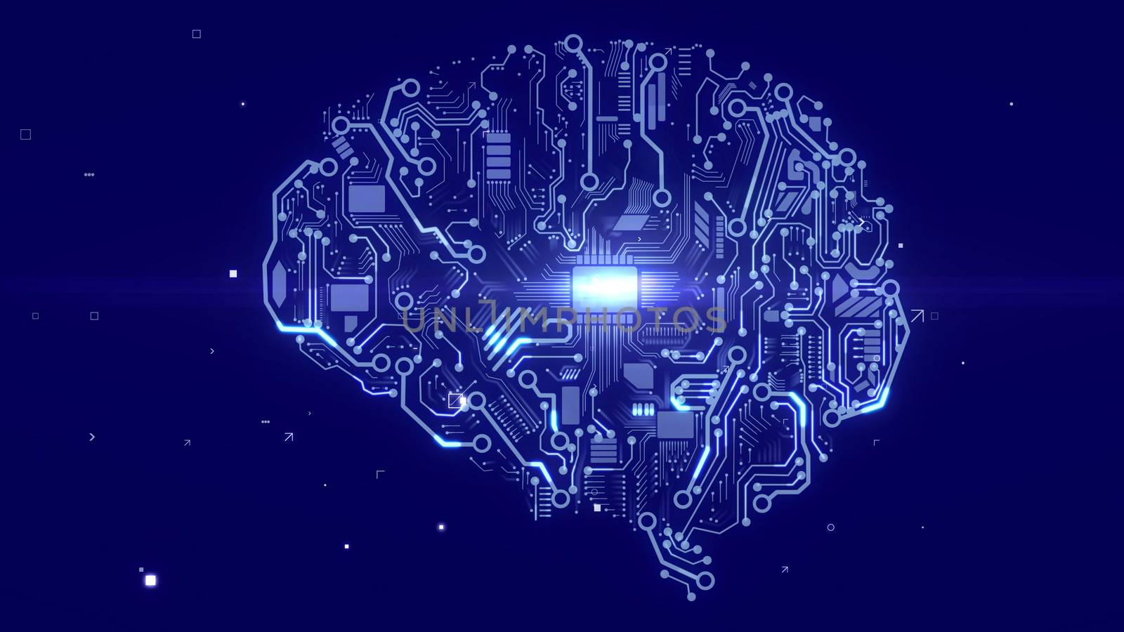 Futuristic 3d illustration of an android looking brain with sparkling circuits, devices, a plazma looking CPU microchips, of the light blue color in the dark blue cyberface.
