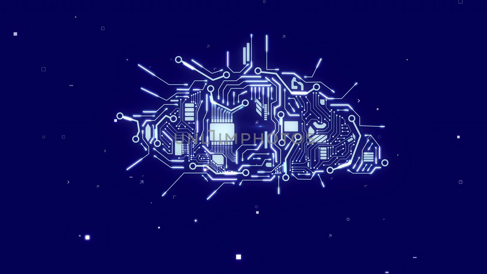 Hi-tech 3d illustration of an artificial intelligence eye with glowing circuits, rhomb devices, microswitchers, fiber optics, appliances, a light blue CPU microchips, in the dark blue background