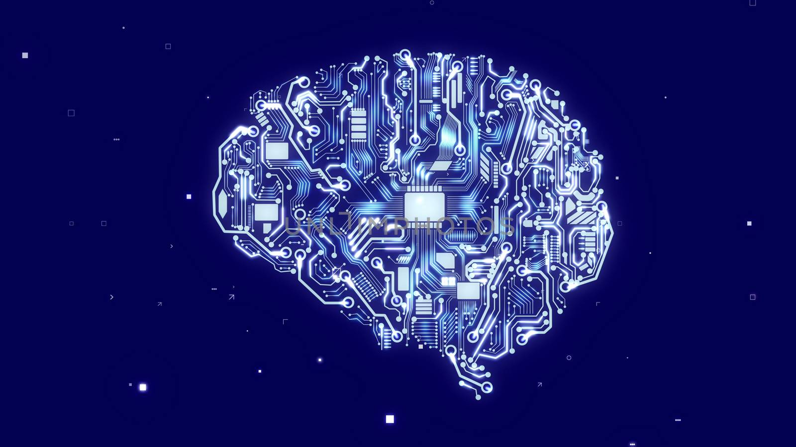 Advanced 3d rendering of an robot looking brain with sparkling circuits, fiber optics, appliances, a plazma looking CPU microchips, of the light blue color in the dark blue background.