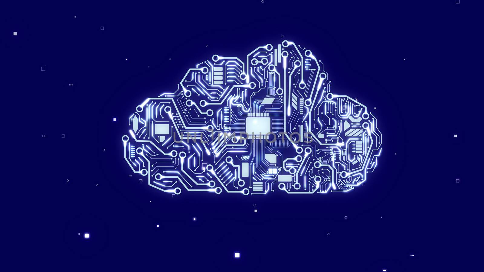 Ultramodern 3d illustration of a robot cloud with shining circuits, accumulators, antennas, fiber optics, micro appliances, light blue CPU microchips, in the dark blue background.