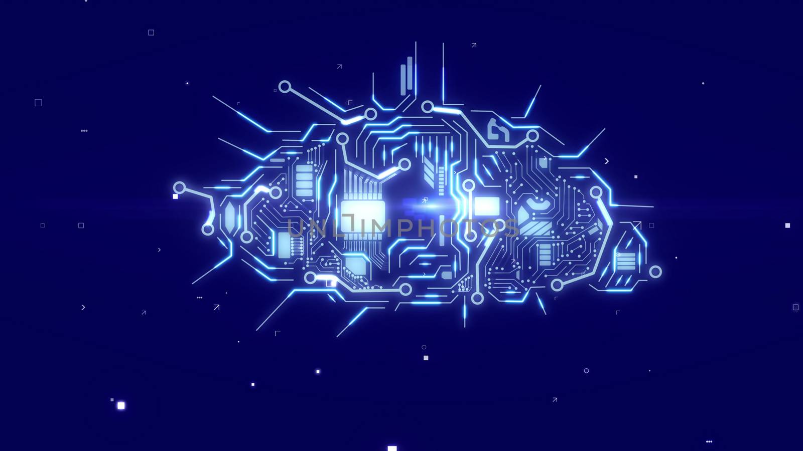 Futuristic 3d rendering of an artificial intelligence eye with sparkling circuits, accumulators, antennas,   fiber optics, appliances, light blue CPU microchips, in the dark blue cyberspace.