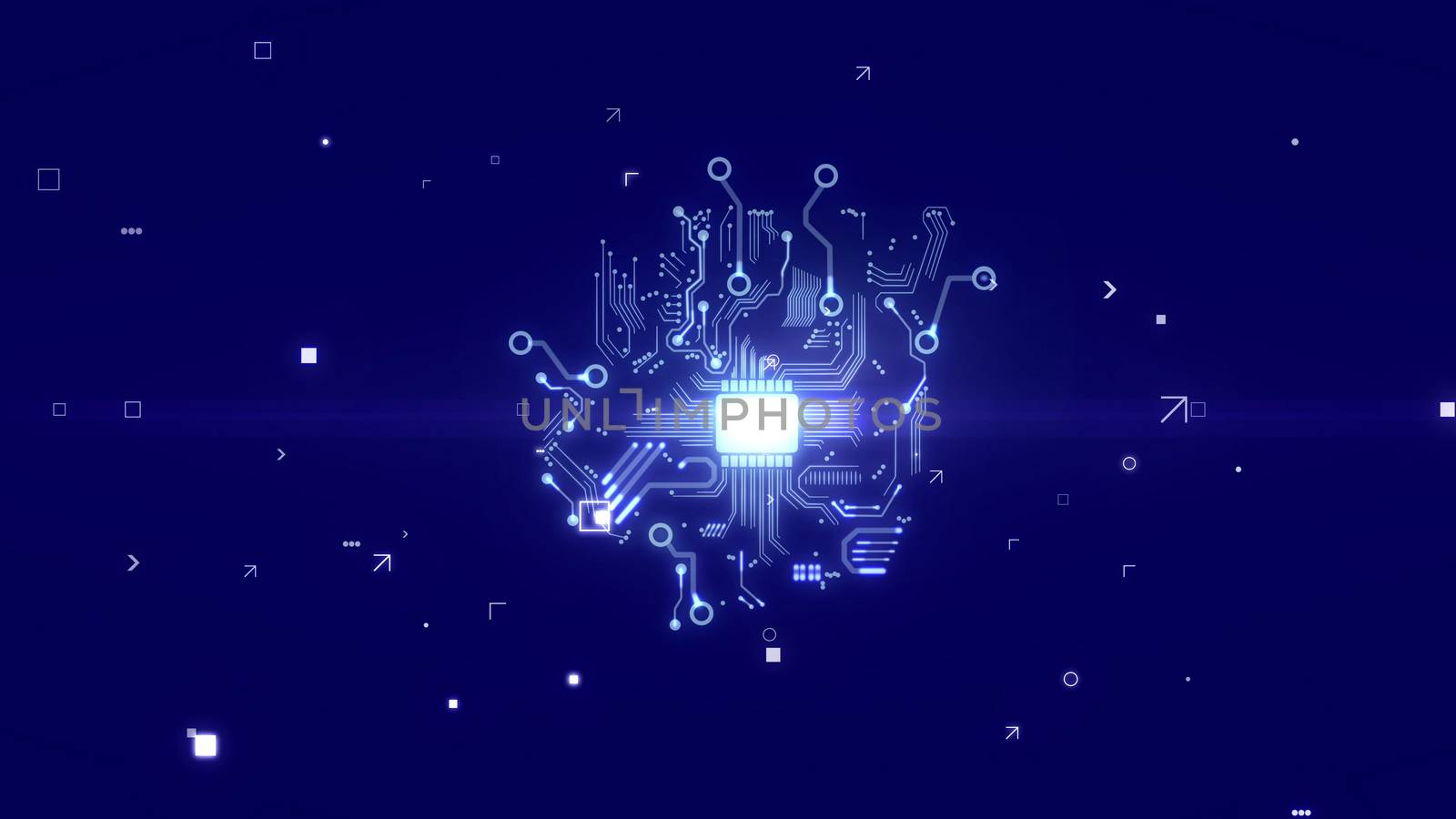 Neo-geo 3d illustration of a robot brain with sparkling circuits, tiny accumulators, antennas,   fiber optics, micro appliances, a plazma looking  CPU chip, in the dark blue background.