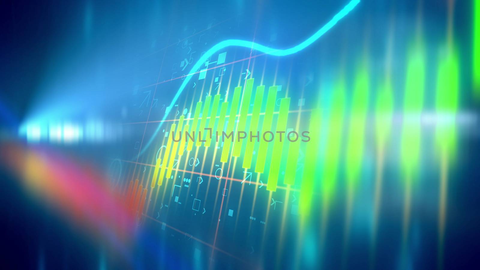 Impressive 3d rendering of colorful business line charts taken askew in the light blue background with some signs and symbols placed behind. The rainbow looking blured spot decorates the illustration