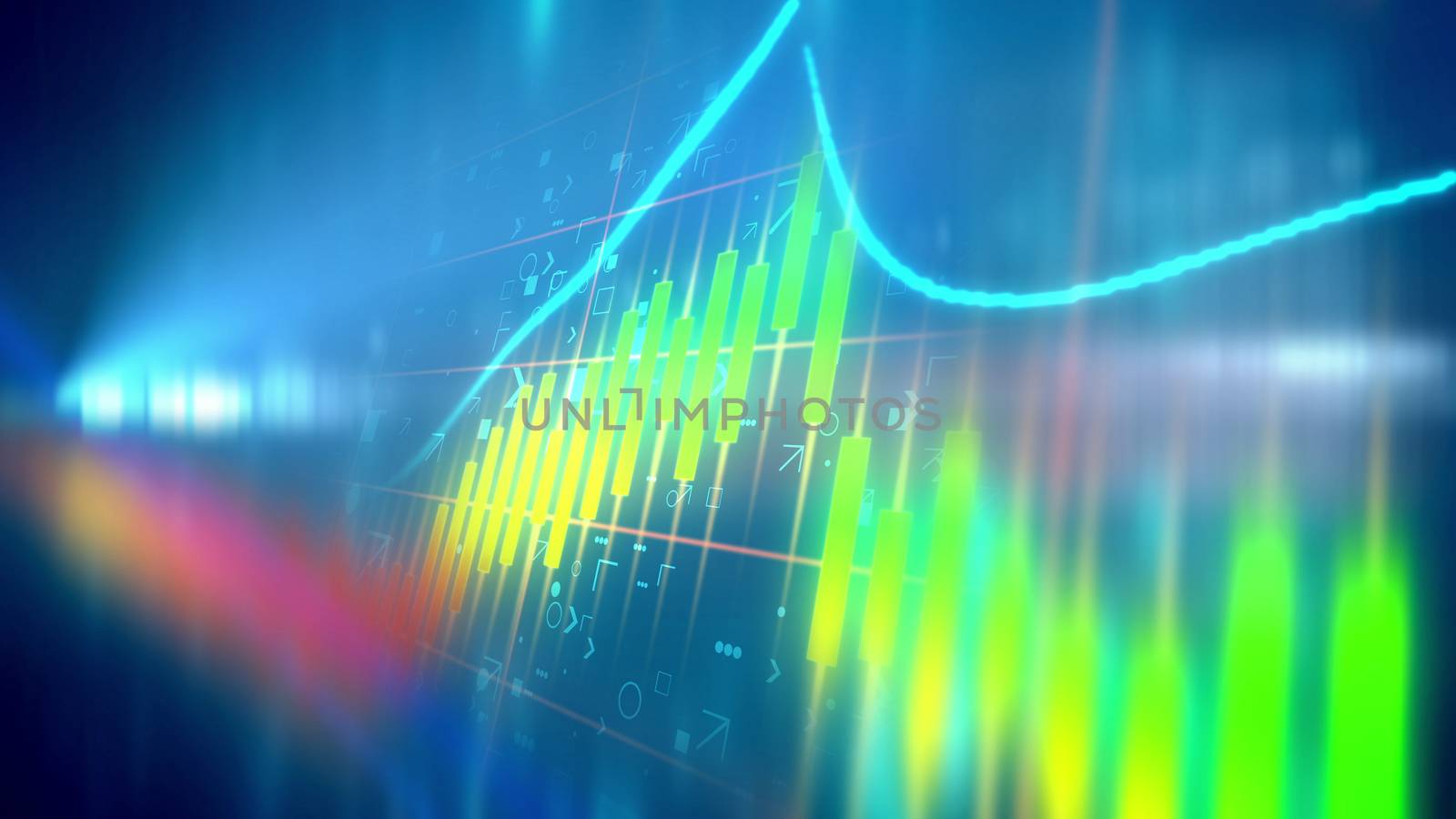 Amazing 3d illustration of a multicolored business line chart taken aslant in the light blue background with some signs put behind. The rainbow looking blot decorates the illustration.