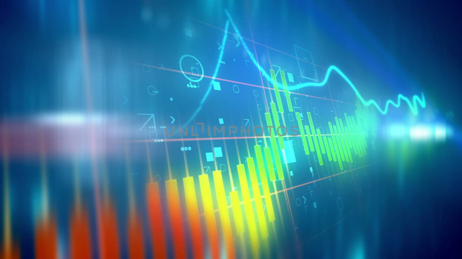 3d illustration of a colorful business line chart presented diagonally with a choppy index having soaring and plummeting periods in the blue background. The chart bars are orange, yellow and blue.