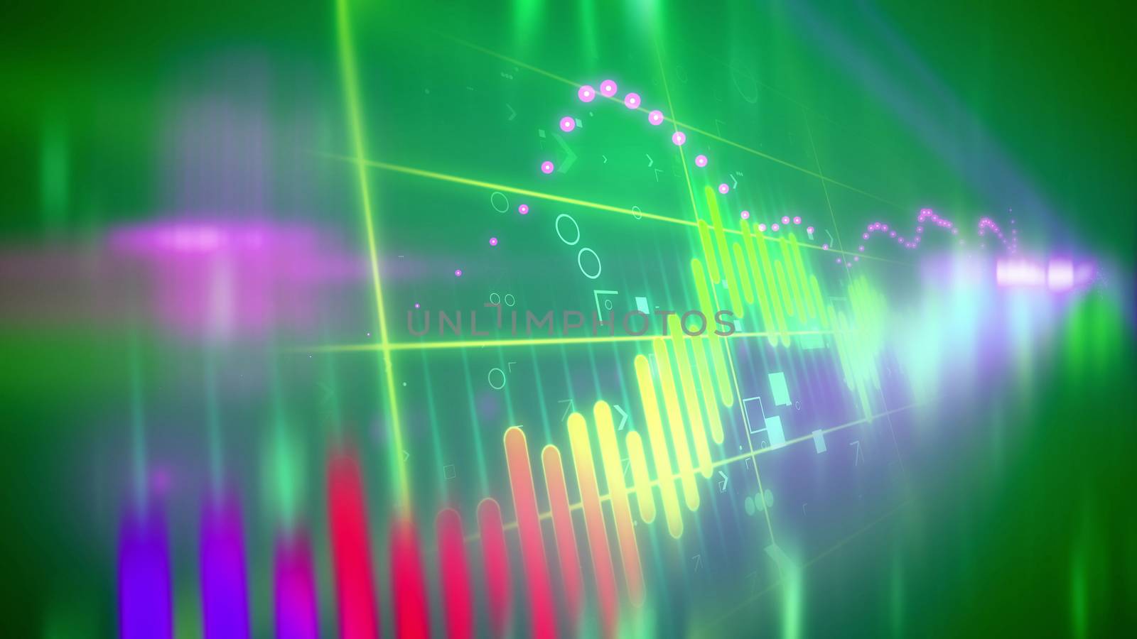 Wonderful 3d rendering of a colorful business line chart presented askew with a shifting index having skyrocketing and tumbling periods in the blue background. The chart bars are multicolored