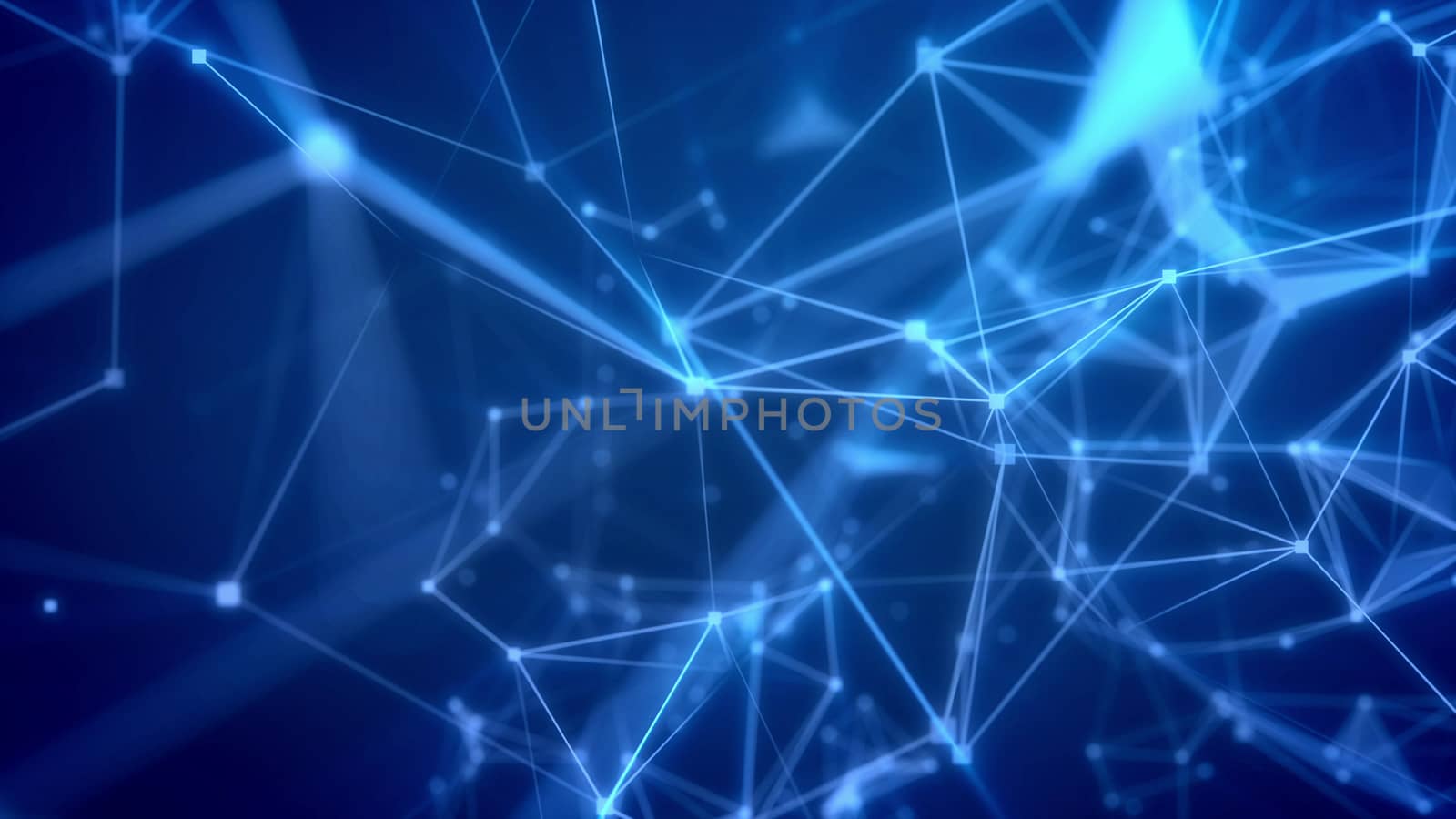 Astonishing 3d rendering of some hi-tech tour through light blue grid with shimmering spots and numerous geomantric figures, pyramids, facets, linked with each other in the light blue background