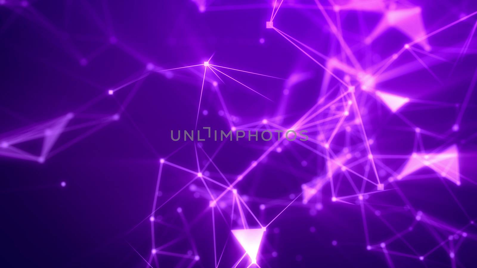 Wonderful 3d rendering of an advanced cyberspace flight through light rosy network with gleaming spots, triangular facets,crystal structures, searchlights, and a grid of links in the violet background
