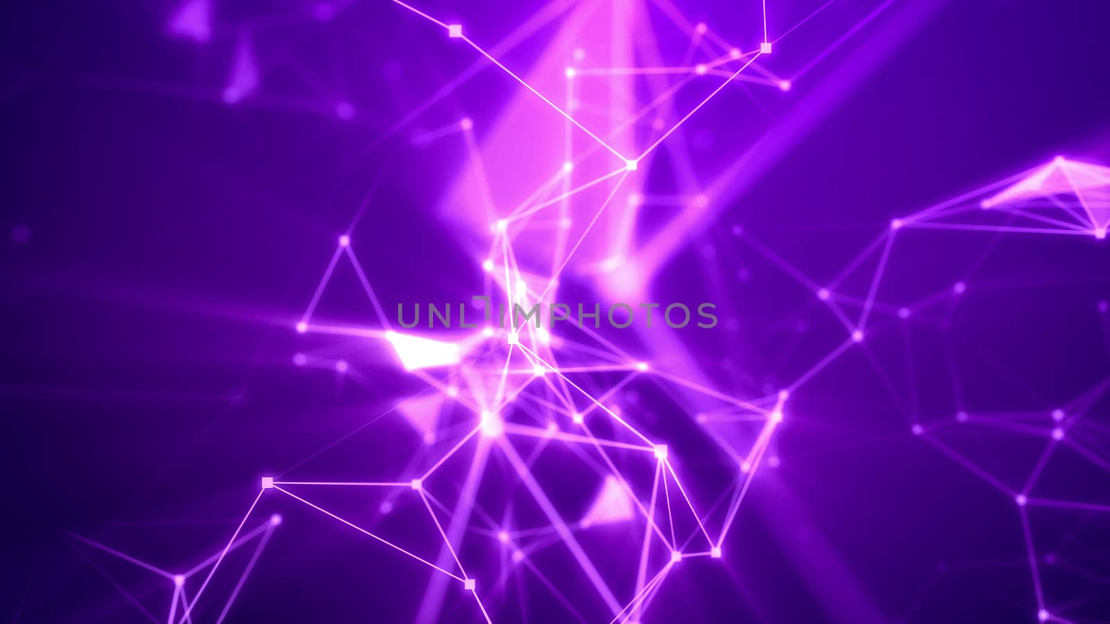 3d rendering of an advanced Internet space trip through light rosy network with shining spots, triangular facets, blurred crystal structures, searchlights, and a grid in the violet background